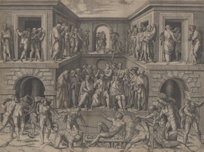 Het martelaarschap van Sint Laurentius, naar Bandinelli door Marcantonio Raimondi