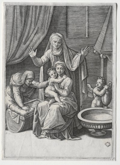 De Maagd en de Wieg met Sint Elisabeth en Sint Anna door Marcantonio Raimondi