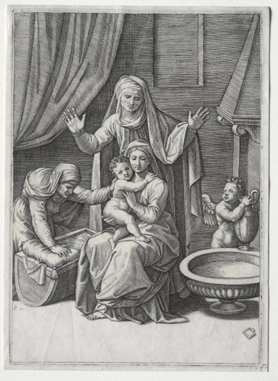 De Maagd en de wieg met Sint Elisabeth en Sint Anna, 1520 door Marcantonio Raimondi