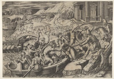 De ontvoering van Helena, gevechtsscène aan een kust met twee mannen die Helena in een boot trekken, ca. 1520-27 door Marcantonio Raimondi