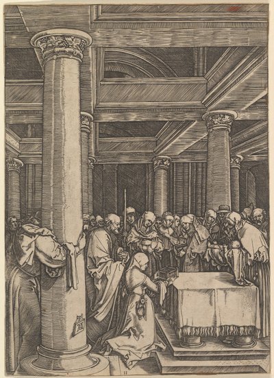 De presentatie van Jezus aan Simeon in de tempel, naar Dürer door Marcantonio Raimondi