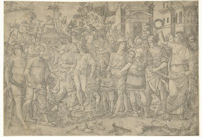 Triomftocht van Romeinse keizer met soldaten en buitgemaakte wapenrustingen door Marcantonio Raimondi