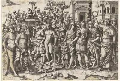Triomftocht van Romeinse keizer met soldaten en buitgemaakte wapenrustingen door Marcantonio Raimondi