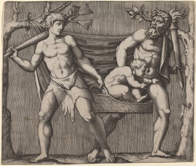 Twee Faunen die een Kind Dragen door Marcantonio Raimondi