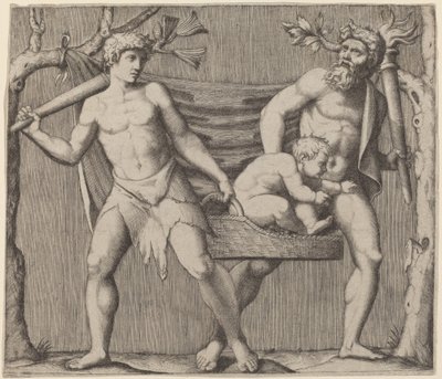 Twee Faunen die een Kind Dragen door Marcantonio Raimondi