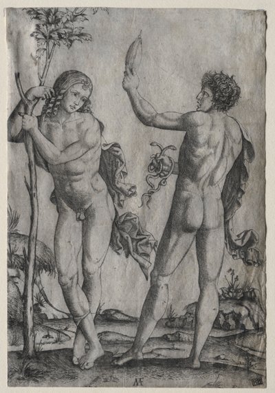 Twee naakte mannen naast een boom door Marcantonio Raimondi