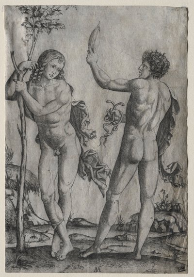 Twee naakte mannen naast een boom door Marcantonio Raimondi