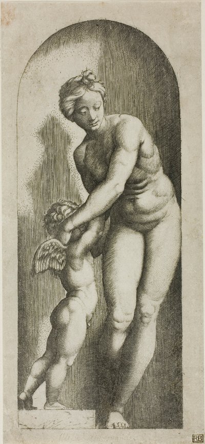 Venus en Cupido door Marcantonio Raimondi