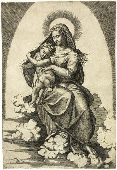 Maagd en Kind Zittend op Wolken door Marcantonio Raimondi