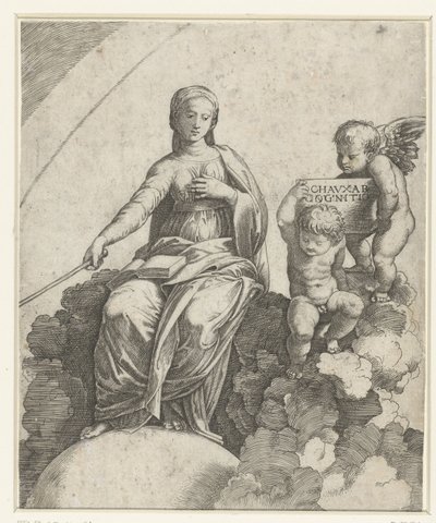 Vrouw met boek en scepter als personificatie van Filosofie zittend op wolken en voeten rustend op globe met naast haar twee putti door Marcantonio Raimondi