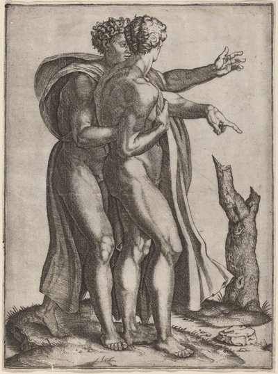 Twee Naakte Mannen door Marcantonio Raimondi after Michelangelo