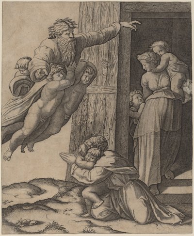 God Verschijnt aan Noach door Marcantonio Raimondi after Raphael