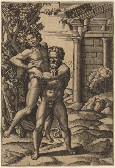 Hercules en Antaeus door Marcantonio Raimondi after Raphael