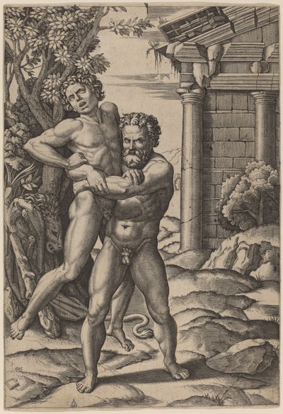 Hercules en Antaeus door Marcantonio Raimondi, after Raphael