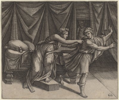 Jozef en de Vrouw van Potifar door Marcantonio Raimondi after Raphael