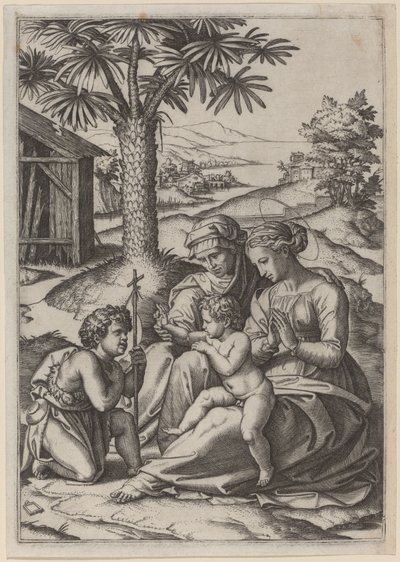 Madonna onder een Palmboom door Marcantonio Raimondi after Raphael