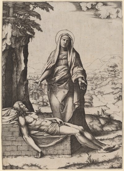 De rouw van de Maagd door Marcantonio Raimondi after Raphael
