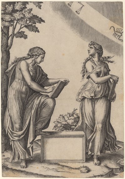 Twee Vrouwen met de Dierenriem door Marcantonio Raimondi after Raphael