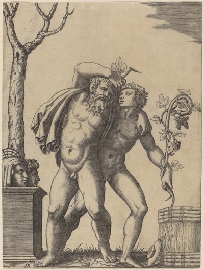 Een Jonge en een Oude Bacchant door Marcantonio Raimondi possibly after Raphael possibly after Giulio Romano