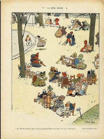 Illustratie van Marcel Capy (1865-1941) in Le Rire, 02/05/08 - De sap stijgt - Liefde, Openbare Tuin, Boom door Marcel Amable O.L. Capy