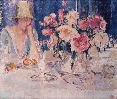 Vrouw aan tafel vol bloemen door Marcel Jefferys