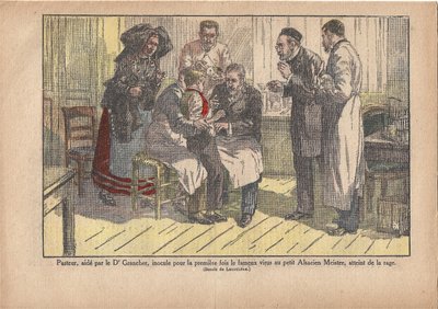 Pasteur, bijgestaan door Dr. Grancher, inoculeerde voor het eerst het beroemde virus bij de kleine Elzasser meester, besmet met hondsdolheid., Le Pèlerin, 5/11/1922 door Marcel Lecoultre