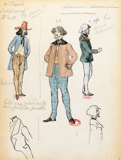 Frankrijk, Parijs, kostuumschets voor muzikant Schaunard in opera La bohème door Giacomo Puccini (1858-1924), uitvoering in de Opéra-Comique, 13 juni door Marcel Multzer