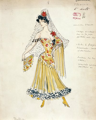 Schets van kostuum voor flamencodansers voor Carmen door Georges Bizet door Marcel Multzer