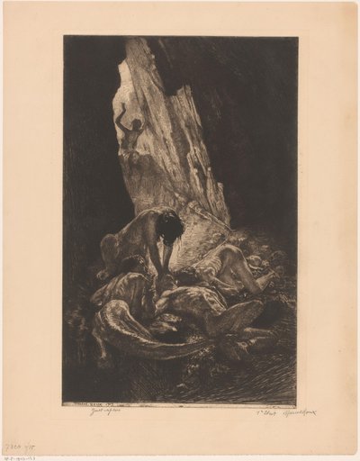 Interieur van een donkere grot met wezens die een naakte man verorberen door Marcel Roux (signed by artist)
