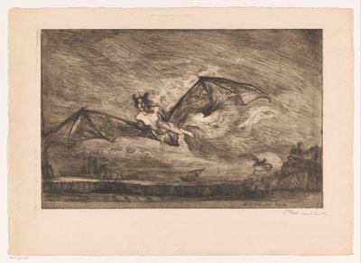 Nachtlandschap met vleermuisachtige wezens door Marcel Roux (signed by artist)