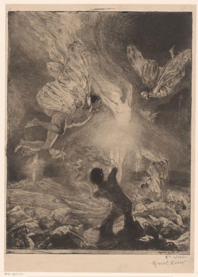 Vlam in de vorm van een vrouw, met daaromheen mannen met vleugels die zich branden en neerstorten door Marcel Roux (signed by artist)