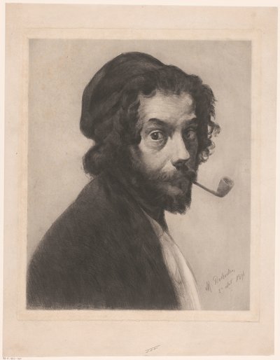 Zelfportret met pijp door Marcellin Gilbert Desboutin (signed by artist)