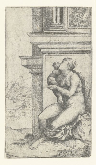Vrouw met kind zit bij klassiek gebouw door Marcello Fogolino