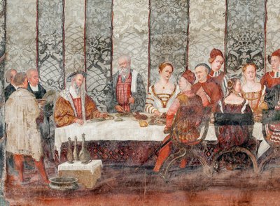 Banket, (detail) van het Bezoek van Christiaan I van Denemarken aan Bartolomeo Colleoni, Erezaal door Marcello or Romani Girolamo (Romanino) (c.1485 c.1566) (attr.to) Fogolino