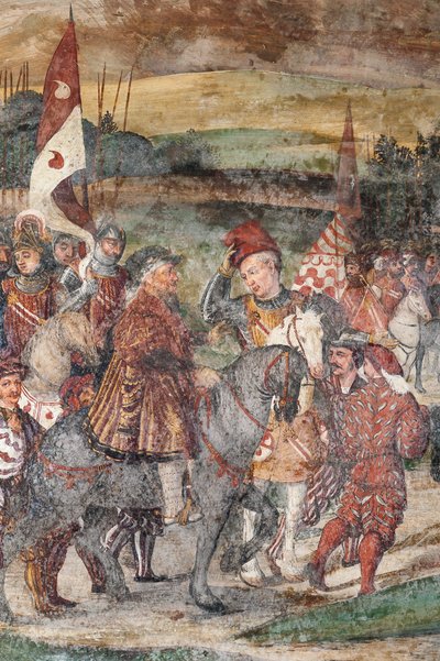 Detail van het Bezoek van Christiaan I van Denemarken aan Bartolomeo Colleoni, Erezaal door Marcello or Romani Girolamo (Romanino) (c.1485 c.1566) (attr.to) Fogolino