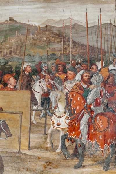 Detail van het Bezoek van Christiaan I van Denemarken aan Bartolomeo Colleoni, Erezaal door Marcello or Romani Girolamo (Romanino) (c.1485 c.1566) (attr.to) Fogolino