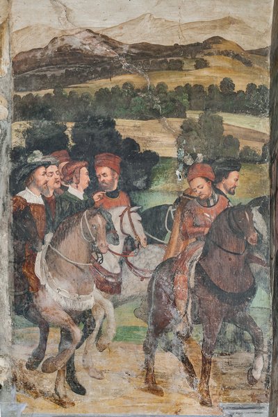 Detail van het Bezoek van Christiaan I van Denemarken aan Bartolomeo Colleoni door Marcello or Romani Girolamo (Romanino) (c.1485 c.1566) (attr.to) Fogolino
