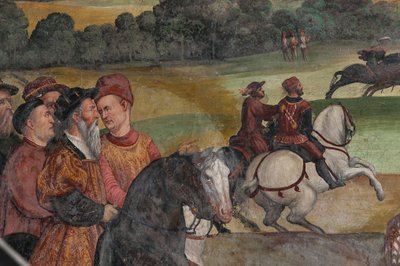 Jachtscène, (detail) van het Bezoek van Christiaan I van Denemarken aan Bartolomeo Colleoni, Erezaal door Marcello or Romani Girolamo (Romanino) (c.1485 c.1566) (attr.to) Fogolino
