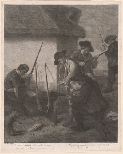 Dienaren die de geweren voorbereiden voor de jacht door Marco Alvise Pitteri after Pietro Longhi