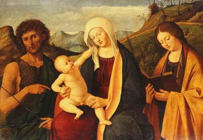 De Madonna en Kind, met Sint Jan de Doper en een vrouwelijke heilige door Marco Basaiti