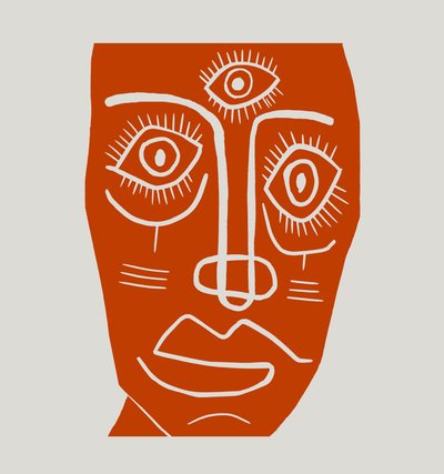 Masker, 2023 (linoleum op papier) door Marco Campedelli
