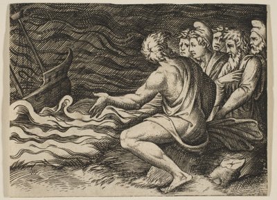 Een groep figuren rechts die getuige zijn van een schipbreuk, ca. 1515-27 door Marco Dente