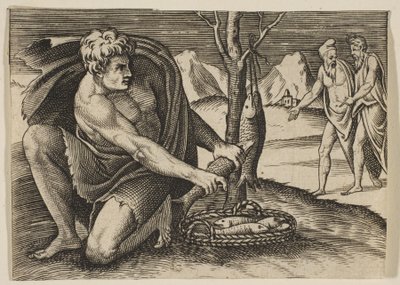 Een man knielt naast een mand met vis en pakt er een met beide handen, twee mannen bij..., ca. 1515-27 door Marco Dente
