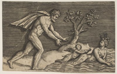 Een naakte man die een najade en een cupido het water in jaagt, ca. 1515-27 door Marco Dente