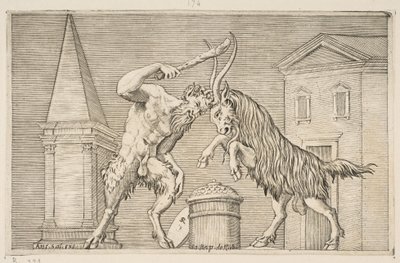 Een sater en een ram die elkaar aanvallen, de sater zwaait met een knuppel in zijn rechterhand, ca. 1515-27 door Marco Dente