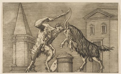 Een sater en een ram die elkaar aanvallen, de sater zwaait met een knuppel in zijn rechterhand..., ca. 1515-27 door Marco Dente