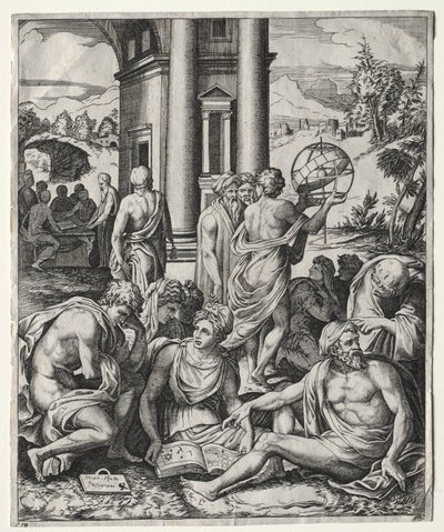 Een Vergadering van Geleerden, ca. 1515-1527 door Marco Dente