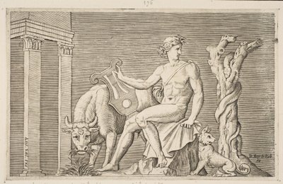 Apollo die de kuddes van Admetus hoedt, Apollo zittend met een lier en geflankeerd door een..., ca. 1515-27 door Marco Dente