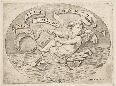 Eros ontsnapt over zee, Cupido gebruikt zijn boog om een boot voort te stuwen gemaakt van zijn koker, ca. 1515-27 door Marco Dente