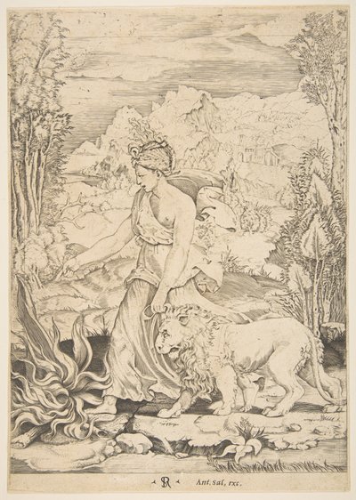 Moed in profiel gezien lopend naar een vuur links en leidend een aangelijnde leeuw..., ca. 1515-27 door Marco Dente